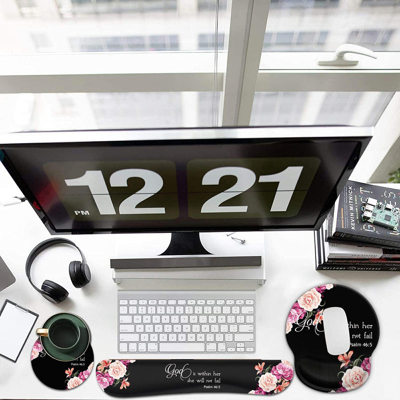 Keyboard Wrist Rest Pad and Ergonomic Mouse Pad Wrist Support Set for Computer, Gaming , Office, Pain Relief + Coasters，Peony Flower Psalm 46:5 God is Within Her, She Will Not Fall Fd-wristrest-3