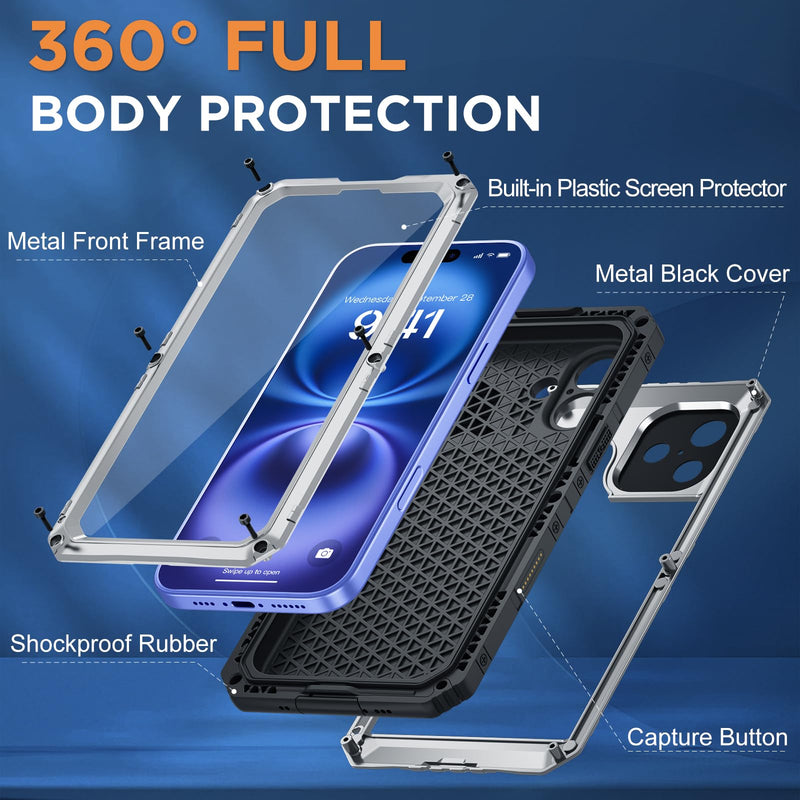 Beasyjoy for iPhone 16 Case Waterproof, Metal Heavy Duty Full Body Protective Case with Built-in Screen Protector, Military Grade Shockproof Dustproof Defender Rugged Cover for iPhone 16 6.1" Silver