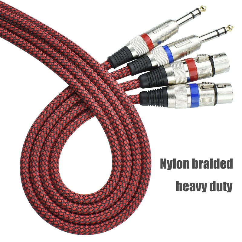 XLR Female to 1/4" TRS Cable Adapter Balanced, 15 Feet 6.35 mm Stereo Quarter Inch TRS to XLR Microphone Cable, Nylon Braided, OFC Shielded, Red Color, for Mic/Speaker/Mixer - 2Pack 15Feet, 2Pack