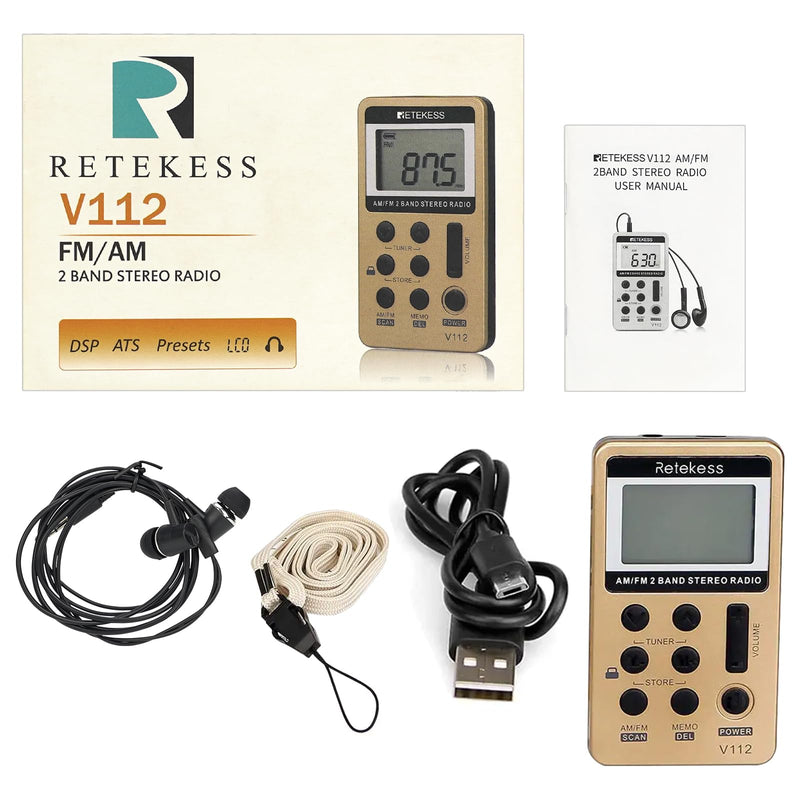 Retekess V112 AM FM Radio Portable, Mini Radio,Digital Tuning Rechargeable Battery LCD Display for Walking Jogging(Gold) Gold