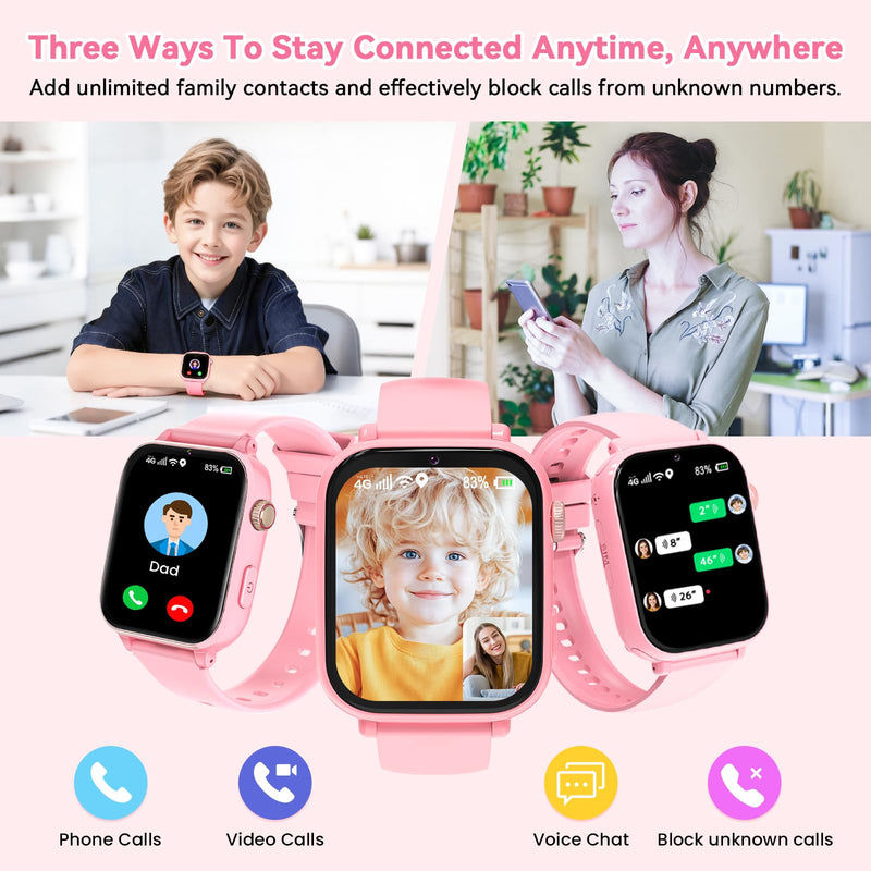 4G Kids Smart Watch Phone GPS, Smartwatch for Boys Girls Ages 4-12 Years with Video Call Chat Class Mode SOS Camera Alarm Games Parental App Touch Watch Gifts for Children (Includes SIM Card) Pink Rose Pink
