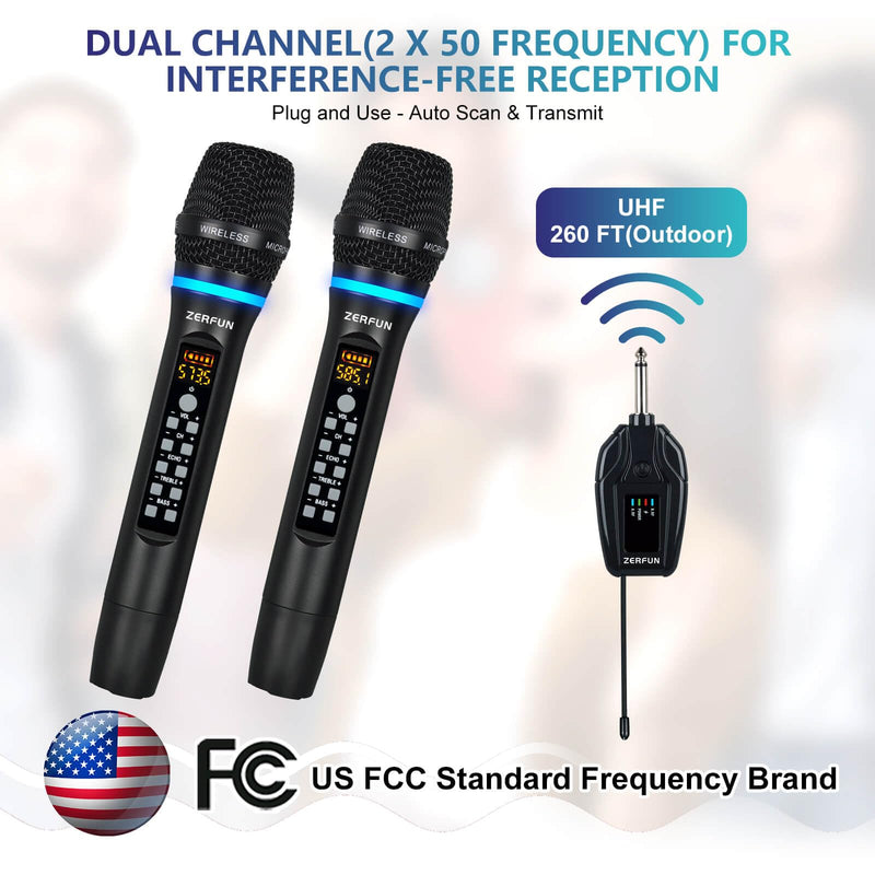 Dual Wireless Microphones Rechargeable, UHF Metal Wireless Mic System Cordless Microphone Professional with Echo Treble BASS VOL Channel Control for Karaoke Singing Church Events WM-2 A