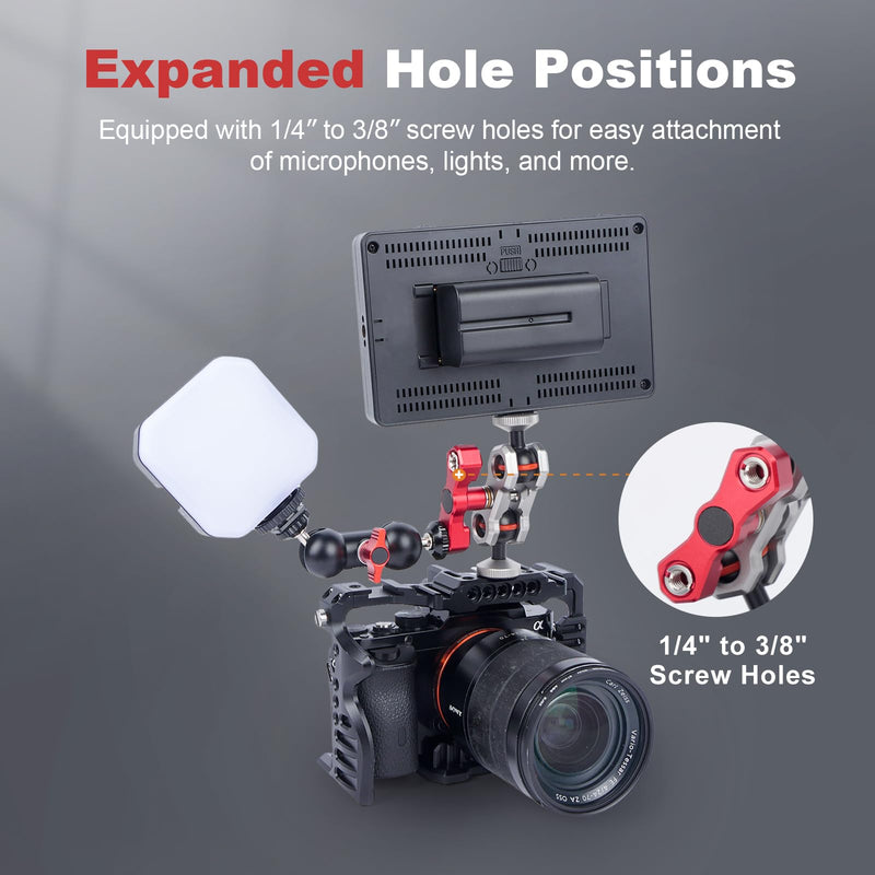 Dual Ball Head Camera Mount with 360 Degree Adjustment - Aluminum Alloy Clamp for Insta360/GoPr0/Camera Cage/LED Light/Microphone - 1/4" & 3/8" Screw Holes with Anti-Slip Design 61013