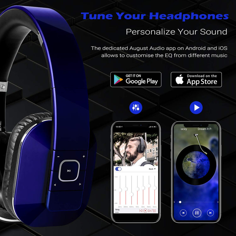 August EP650 Bluetooth Wireless Over-Ear Headphones - Blue | aptX Low Latency, NFC, Multipoint Pairing, Wired Option, Built-in Microphone, Audio EQ