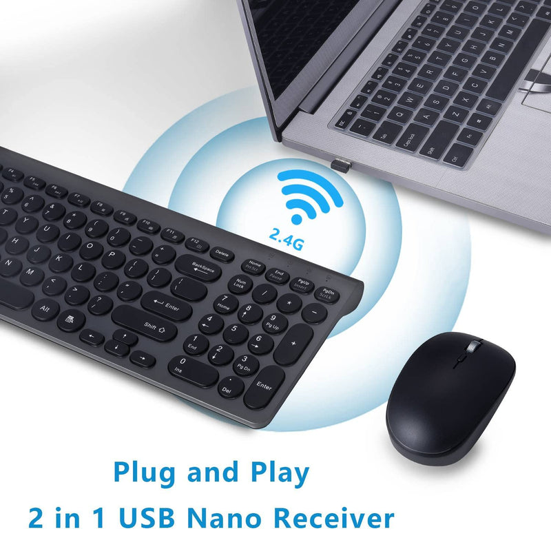 Wireless Keyboard and Mouse Combo, ACOZYKITTEN 2.4G Silent Keyboard and Mouse Set with USB Receiver, Round Keycap, Ultra-Thin Sleek Design for Windows, Computer, Desktop, PC, Laptop (Black+Dark Gray) Dark Gray