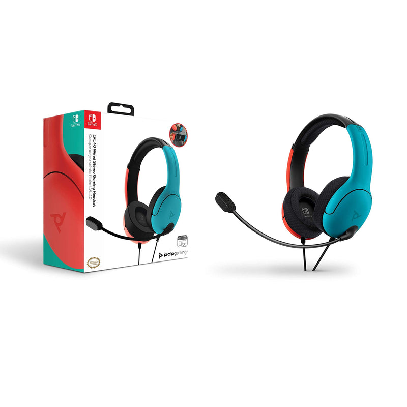 PDP Gaming LVL40 Airlite Stereo Headset for Nintendo Switch/Lite/OLED - Wired Power Noise Cancelling Microphone, Lightweight Soft Comfort On Ear Headphones (Mario Neon - Red & Blue) Blue & Red