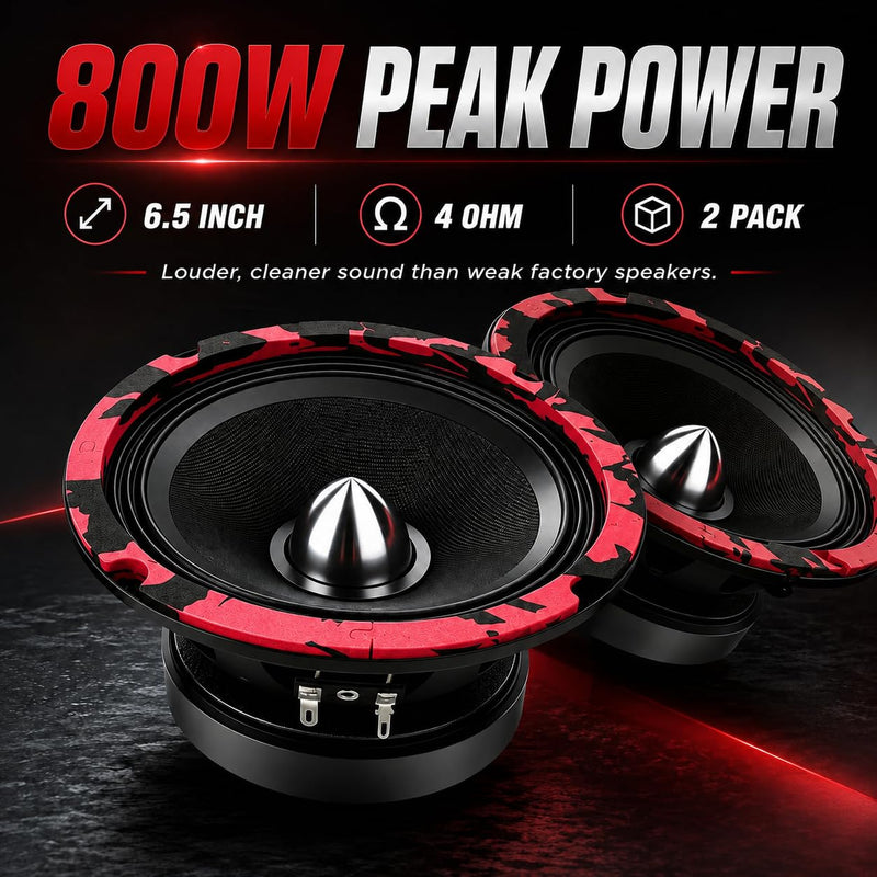 6.5 Inch Car Speakers, 800W Peak 4 Ohm 6.5 Speakers, Bullet Midrange Mid-Bass Door Speakers with Woven Fabric Cone, Multi-Layer Rubber Surround for Car Audio, 2 Pack Red 6.5 INCH
