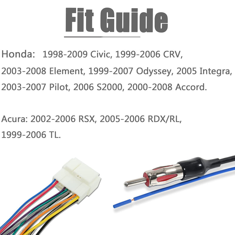 RED WOLF Radio Wiring Harness + Antenna Wire Adapter Compatible with Honda Civic/CR-V/Odyssey/Accord/Pilot/1998-2008, Acura TL/RSX/RDX 1999-2006 for Aftermarket Stereo Installation 98-08 harness + antenna adapter