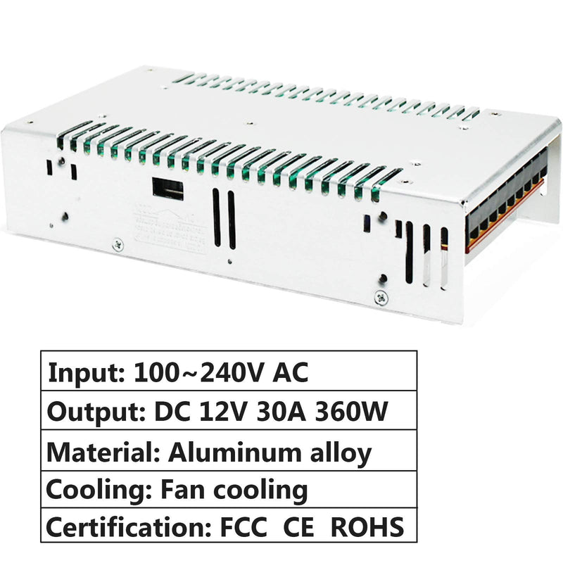 Power Supply Transformer Switching Power Supply DC 12 V 30 A 360 W Adapter Transformer Power Supply for CCTV, 3D Printer, Computer Project, LED Lighting Stripes and Industrial Systems
