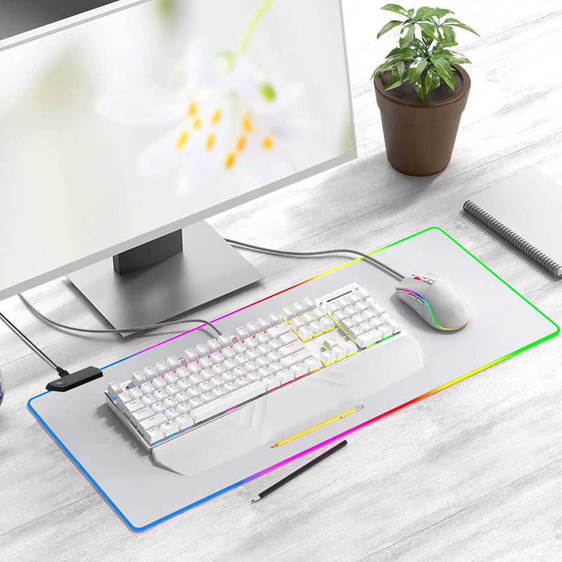 Gaming Mouse Pad White RGB Mousepad Non-Slip Rubber Base Extra Large Cool XL XXL Computer Desk Pad Gaming Accessories LED Light Up jmiyav Extended Big Keyboard and Mouse Pad for Gamer (31.5x12In) gloss white -I
