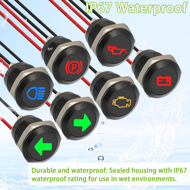 [AUSTRALIA] - EPLZON Pack of 7 12 mm Waterproof Signal Light LED Indicator Light, DC 12 V/24 V LED Metal Indicator Light with 150 mm Cable for Motorcycles Cars Trucks Tractors RV ATV 7 Stück 