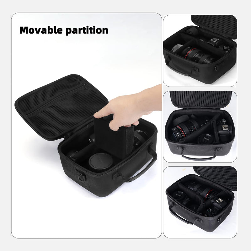 Universal camera case hard waterproof shell EVA interior lined shock-absorbent with dividers and shoulder strap Internal dimensions 8.4 x 5.7 x 3.5" for Canon/Sony/Nikon/Fujifilm mirrorless cameras