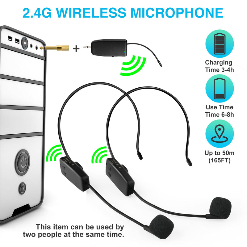 [AUSTRALIA] - Wireless Microphone System for 2 People,160ft Range, 2.4G Dual Wireless Headset Mics for Karaoke Speaker, Amplifier, Mic Speakers, PA System, Yoga,Teaching, Fitness 