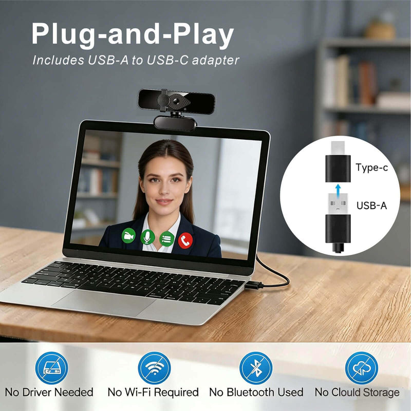 4K Webcam with USB C Adapter Privacy Cover Microphone for PC Mac Laptop | 4K UHD for Zoom/Teams. Privacy shutter, 1-sec close. Noise-canceling mic. USB-C/USB-A plug & play. Works with PC/Mac/ apps.