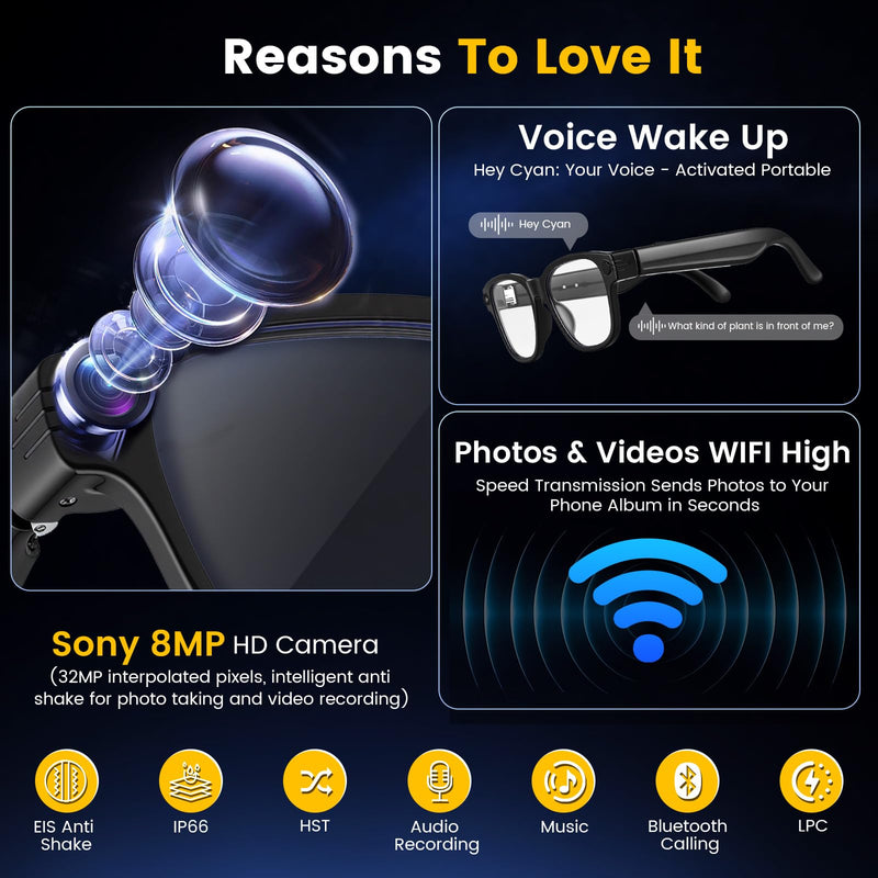 AI Smart Glasses with Camera, 8MP HD Camera Glasses for Men,Women, AI Recording Glasses with Voice Assistant, Stabilization Video Recording Glasse, Real-time Translation, for Vlogging & Photography