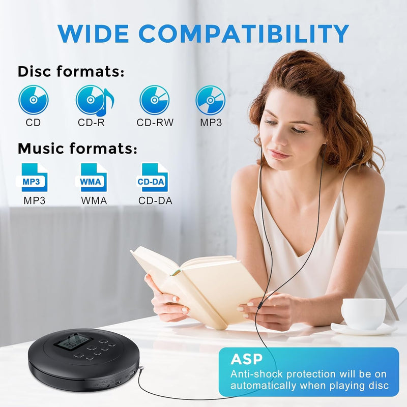 Gueray Portable CD Player Personal CD Players with Headphones LCD Display Anti-Skip Protection HiFi Classic CD Walkman Music Player Memory CD Player for Car Home