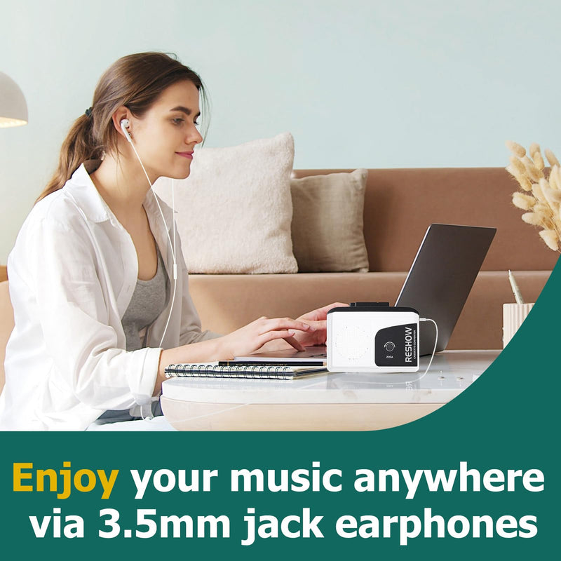 Reshow Portable Cassette Player with Built-in Speaker and Headphone Jack, USB C Cassette to MP3 Converter, Reverse Recording to Tape, Walkman Cassette Recorder, Full Stereo Sound-White White