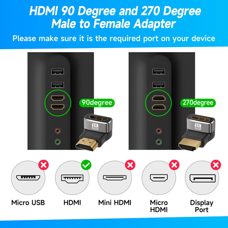8K HDMI 2.1 Adapter 90 Degree and 270 Degree Gold Plated Adapter 2 Pack, Right Angle HDMI Male to Female Connector Converter HDMI L Shape Extender, Supports 8K@60Hz，4K@120Hz，4K@60Hz，4K@30Hz 90° HDMI Male to Female