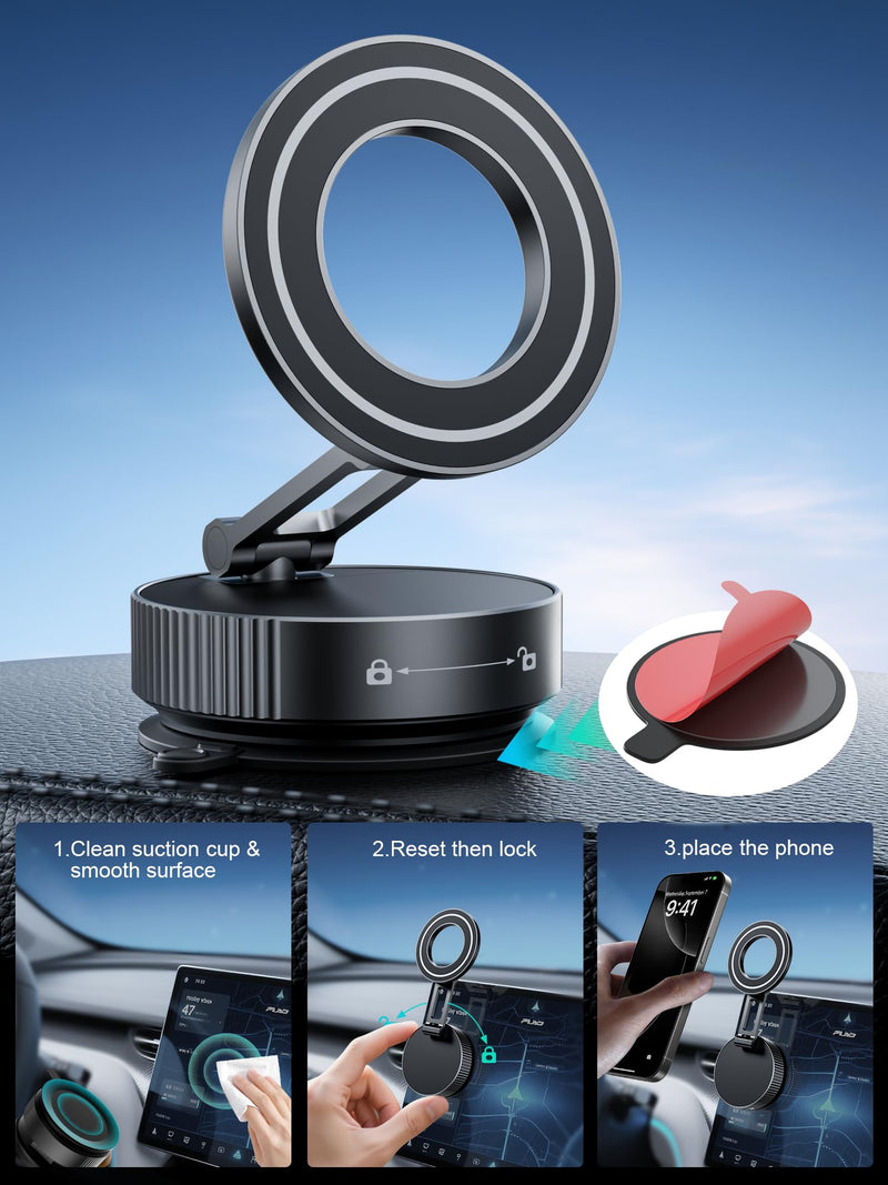 Phone Holders for Your car,Upgraded Vacuum Magnetic Phone Holder Stand for Magsafe,360° Rotatable Zinc Alloy Suction Cup Phone Mount for Car/Gym/Mirror/Shower-Obsidian Black