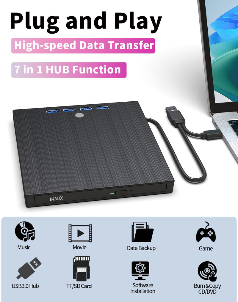 9 in 1 External CD DVD Drive, USB 3.0 and Type-C Disc Reader Burner Player | Optical Drive for PC Laptop Desktop MacBook Mac Windows Linux OS Apple Black
