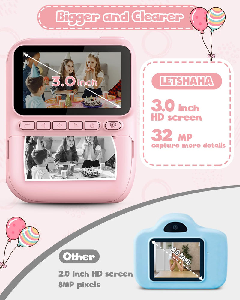 Kids Instant Print Camera, 3.0-inch HD Screen 32MP Photo Instant Digital Camera Christmas Birthday Gifts Toys for Toddle Children Girls Boys Age 3-12 - Pink