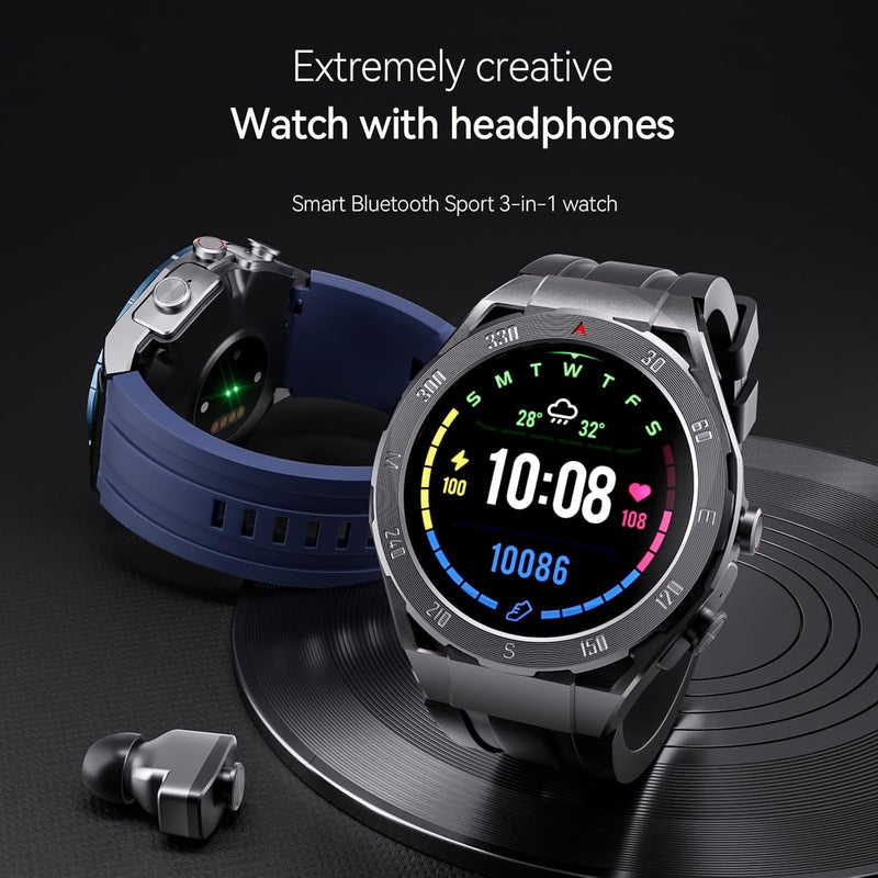 F33 Smart Watch with Earbuds 3 in 1 MP3 Bluetooth Headset 1.43 Inch Smartwatch Built-in Wireless Earbuds Speaker Round Fitness Tracker Body Health Monitor 512MB Memory Local Music Player (Black) Black