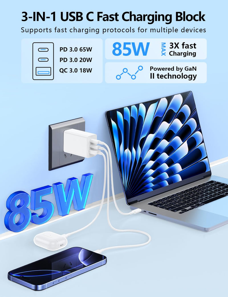 85W USB C Charger for iPhone 17 16 15 Pro Max,3-Port PD 3.0 GaN | Fast Charging Block with 3/6/6/10 Ft USB C Cable for iPhone 17/16/15,MacBook Pro/Air,iPad Pro,Galaxy S26 S25 Ultra,Android White 2Pack 3+6+6+10Feet