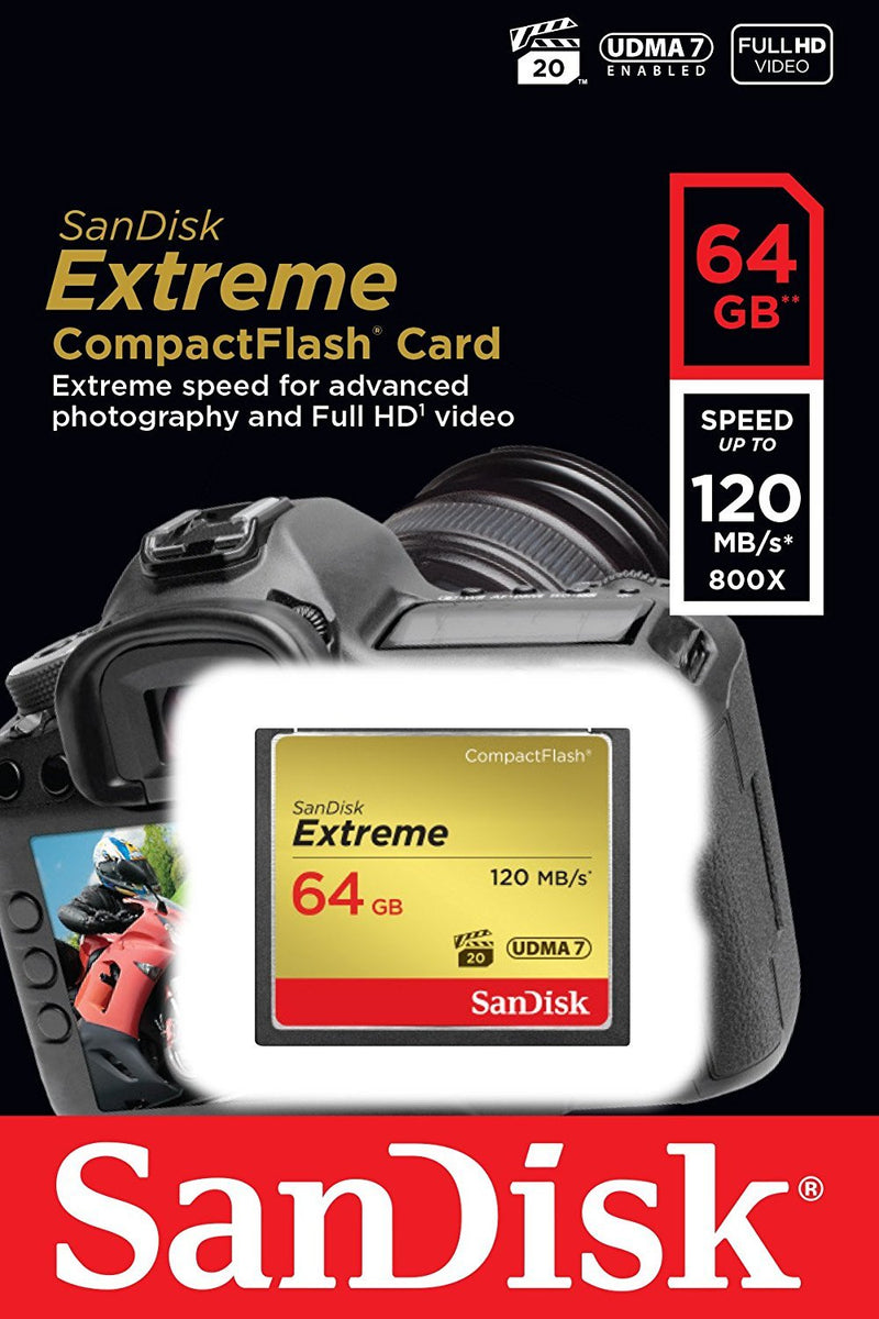 SanDisk Extreme 64GB CompactFlash Memory Card works with Canon EOS 7D Mark II Digital DSLR Camera HD UDMA 7 (SDCFXSB-064G-G46) with Everything But Stromboli Microfiber Cloth and Combo Reader