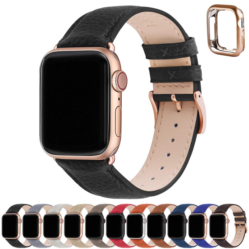 Fullmosa Compatible Stainless Steel Apple Watch Band with case 41mm/40mm/38mm Coffee Gold & Compatible Leather iWatch Band 41mm/40mm/38mm,Black+Rose Gold