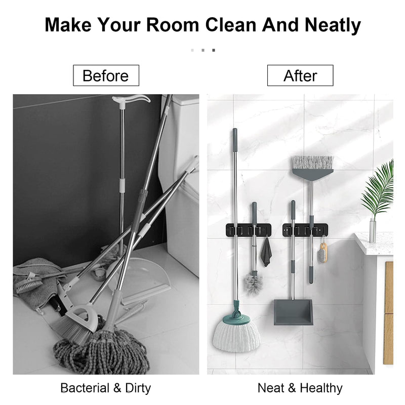 HTRTRR Broom Holder Wall 2 Pieces, 3 in 1 Tool Holder Stainless Steel Garden Tool Holder Wall Mount Self-Adhesive Broom Holder for Kitchen, Home, Bathroom, Garage, Garden