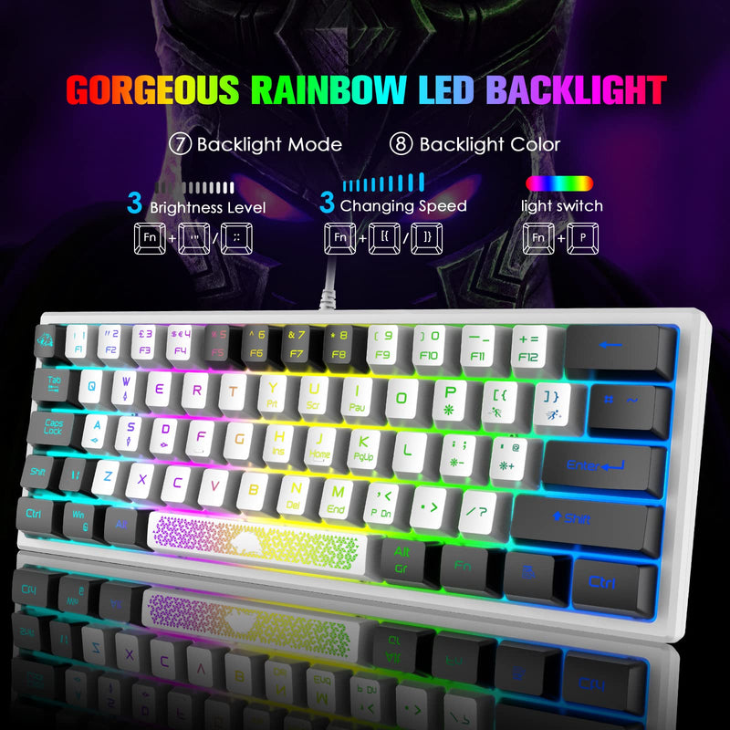 ZIYOU LANG K61 60% Gaming Keyboard Mini Portable with Rainbow RGB Backlit Compact Ergonomic 62Key Layout Anti-ghosting Mechanical Waterproof Wired for PC Mac Windows Gamer Laptop Typists(White+Black) White+Black