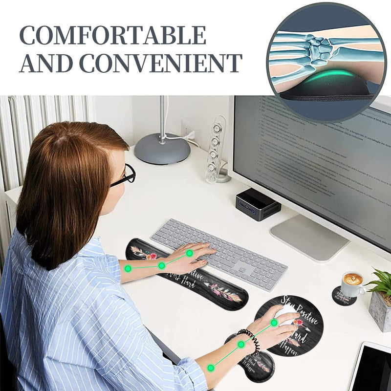 Keyboard Wrist Rest and Mouse Pad Wrist Support Set with Coasters [4Pcs], Stay Positive Work Hard and Make It Happen Inspirational Quotes Wrist Mouse Pad with Non-Slip Rubber Base for Home & Office