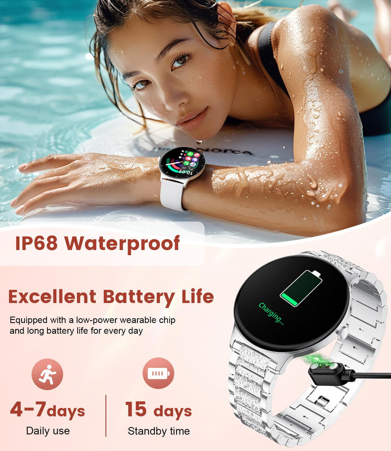 LIGE Ultra-Thin Smart Watch for Women,1.43" Always-on Display Smart Watch with Bluetooth Call,Health Tracker 100+ Sports Modes, Mutifuction Women Smartwatch for Android iOS 2 Straps(Silver) Silver