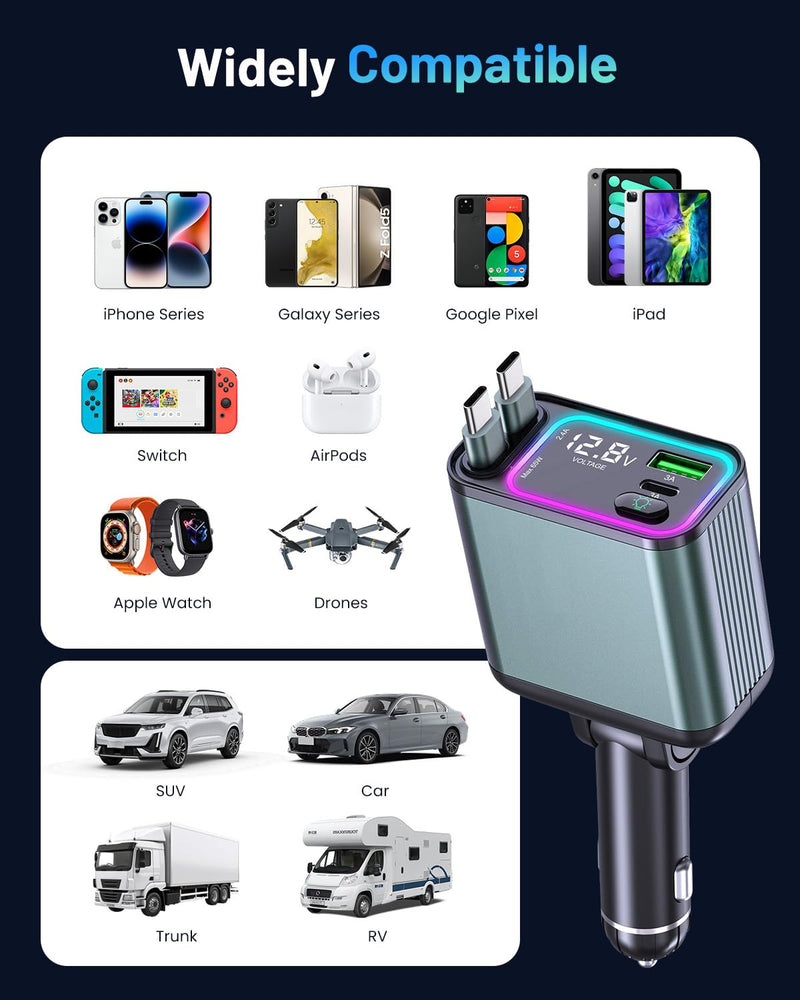 [2 Pack] 4 in 1 Retractable Car Charger with RGB Light, 92W Fast Charging Dual USB C Car Adapter, Compact Car Phone Charger for iPhone/Galaxy/Pixel, Road Trip Essentials (Dual Type C Cable) Dual Type C Cable Dark Green-2Pack
