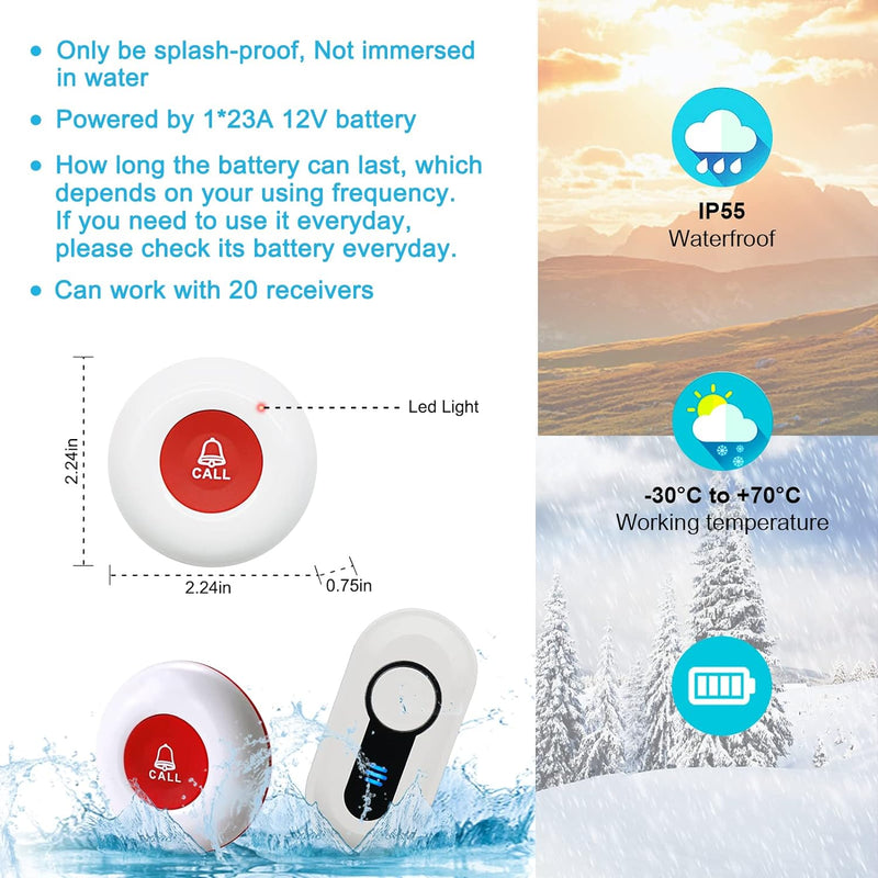 Caregiver Pager Wireless Call Button for Hard of Hearing Waterproof 500FT Vibration Nurse Calling Alert System for Home Elderly Monitoring Disabled/Patient/Seniors (2+2)