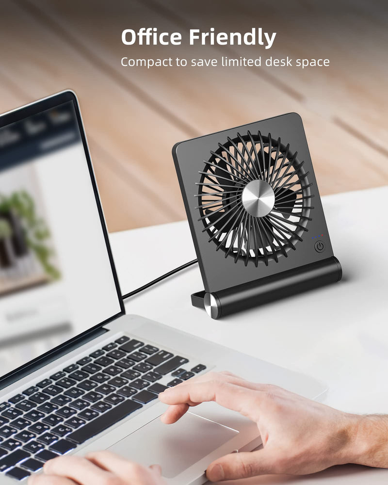 Koonie USB Fan, Strong Wind Ultra Quiet Small Desk Fan 220° Tilt Folding 3 Speeds Adjustable USB-C Corded Powered Personal Fan for Home Office Desktop Black Black without Battery