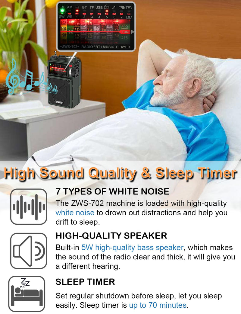 ZHIWHIS Shortwave Radio with Bluetooth, AM/FM/SW/WB Emergency Radios with NOAA Alerts, Hand Crank/Solar/4000mAh/White Noise/SOS/Bass/Rechargeable Retro Receiver with Preset, Support USB/TF ZWS-702
