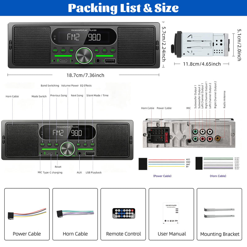 Single Din Car Stereo Radio Bluetooth Multimedia Car Audio Receivers with Digital LCD Display AM/FM Car Radio Dual USB/Type-C/AUX-in MP3 Player Lossless Sound Quality Quick Charge+ Remote