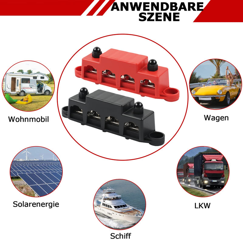 12V-48V DC BusBar Distribution Block 250A BusBar Box with 4 x M8 Terminal Bolts High Performance Module, Power Distribution Block Grounding Current for Car RV Boat Yacht (Red Black, 2 Pieces) 1