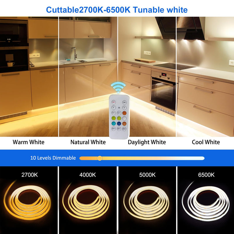 CCT COB LED Strip Light 16.4ft, Tunable White Warm White to Cool White LED Strip, 608LEDs/M DC24V Tape Light, CRI90+, Bluetooth App Control, Dimmable Strips for Bedroom, Office, DIY Lighting. 2700K-6500K