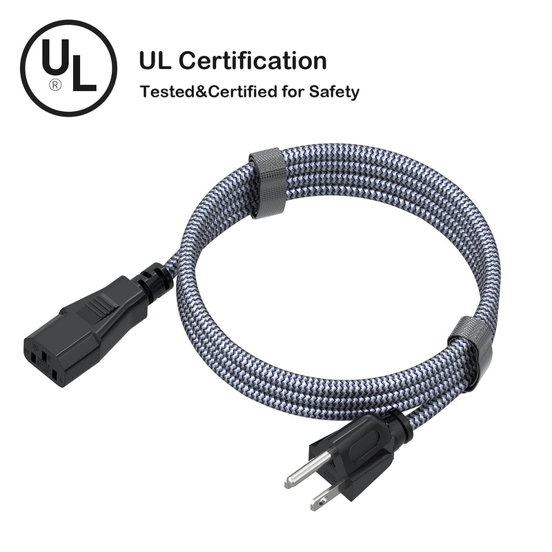 Power Cord, Goalfish 3.3FT/1M TV Power Cord 10A 250V Power Cable UL Certified 18AWG 3 Prong AC Power Cable Nylon Braided PC Power Cord Replacement for Computer, HDTV, Monitor, Printer Grey