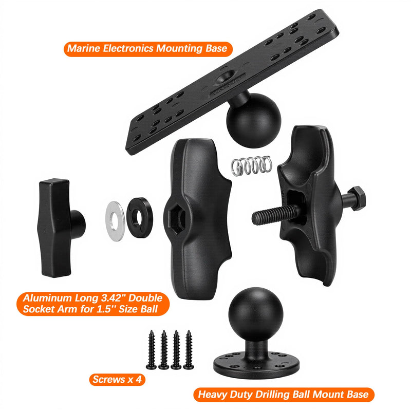 Aluminum Fish Finder Mount with 1.5"/C Size Ball, 3.42" Aluminum Arm Marine Electronics/Depth Finder Mount. High Salt Water Resistant, compatible with Garmin, Lowrance, Humminbird, and More. Short Arm
