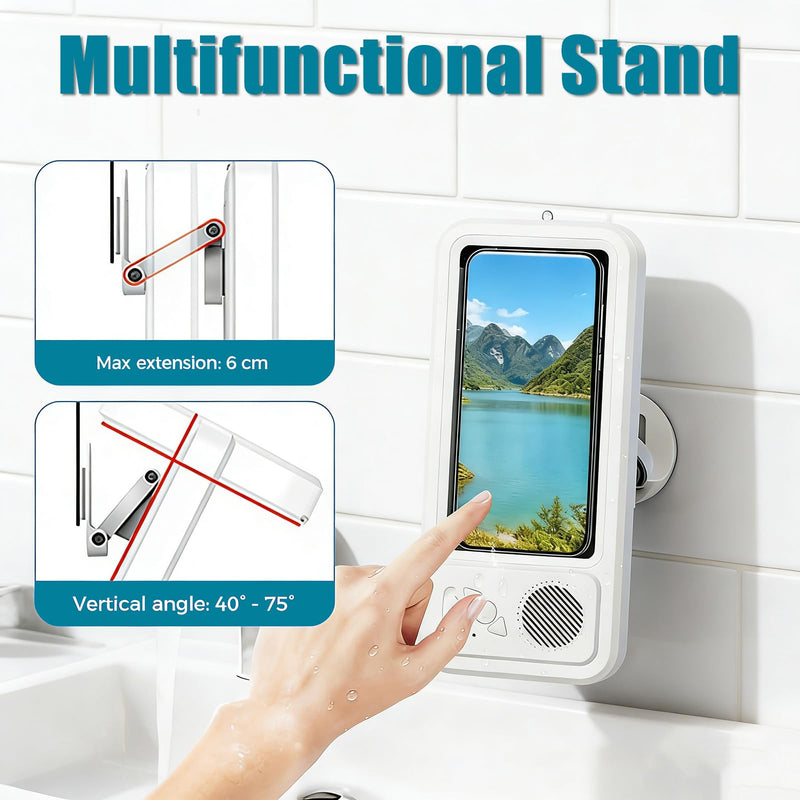 Waterproof Shower Phone Holder with Bluetooth Speaker, IPX4 Anti-Fog 360° Rotatable Suction Mount for Bathroom Kitchen
