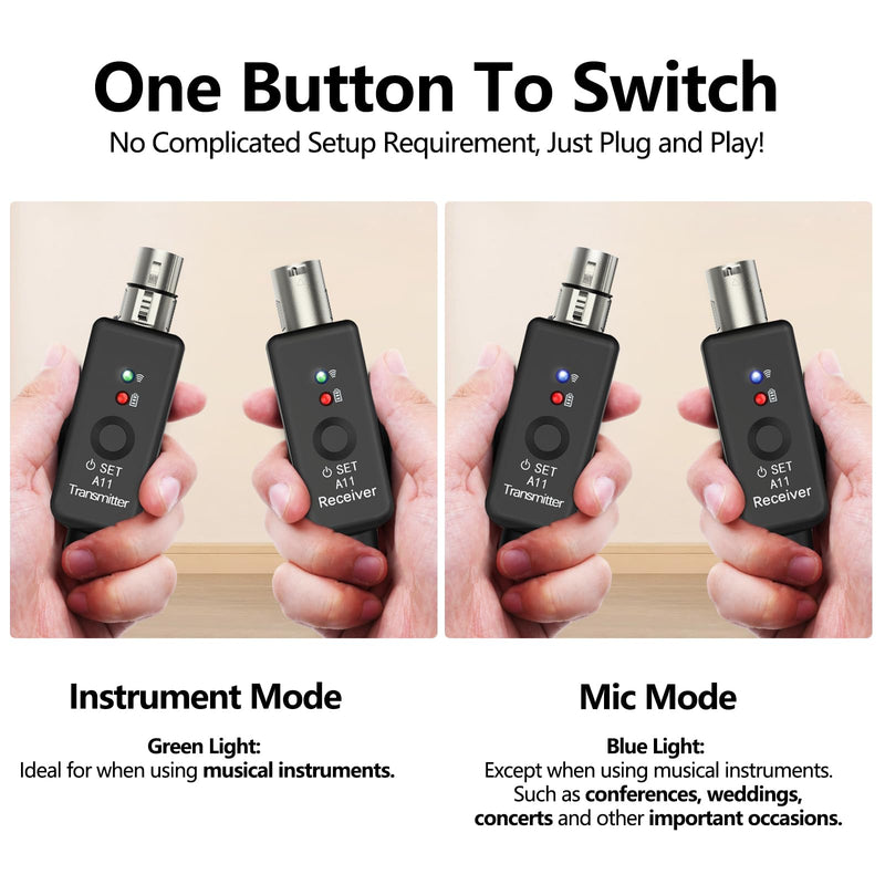 A11 Wireless Microphone System, 2.4GHz XLR Transmitter and Receiver for Dynamic Microphone, Audio Mixer, PA System, 100ft Range, Ultra-Low Latency, Rechargeable Battery (A11-2(2TX+1RX)) A11-2(2TX+1RX)