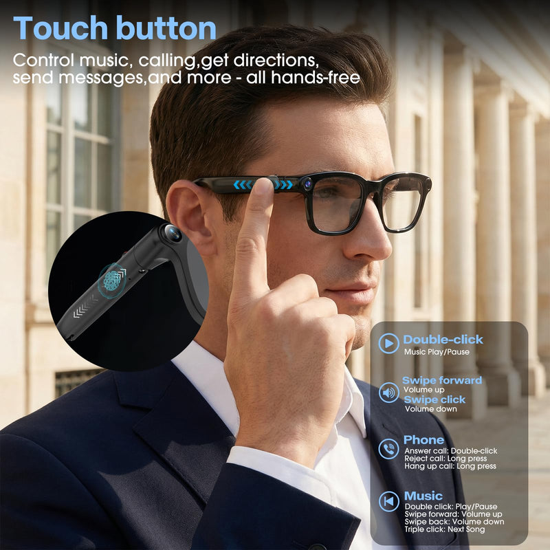 Ai Smart Glasses with Camera, 4K 8MP HD Photo and Video Recording with Real-Time Translation/Object Recognition/AI Voice Q&A/Recording, Calls and Music, UV & Blue Light Protection, Photochromic lens Shine Black M08