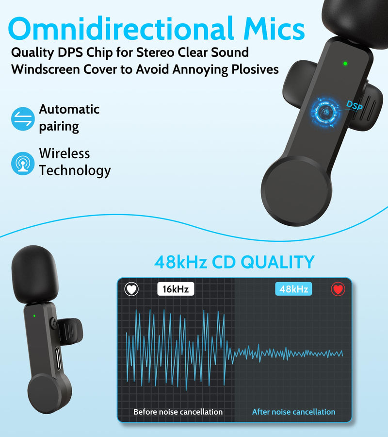 Wireless Lavalier Microphone for iPhone 15 Android iPad - Cordless USB-C Mic for Video Recording Vlog, Crystal Clear Sound, Noise Reduction USB-C Mic with Lightning Adapter