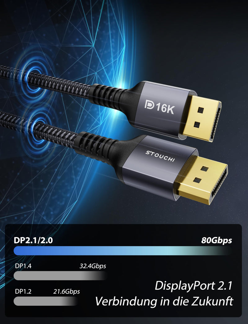 Stouchi DisplayPort Cable 2.1 2M/6.6Ft DP2.1/2.0 Cable [16K @ 60Hz, 10K @ 60Hz, 8K@120Hz, 4K@240Hz 165Hz 144Hz] Supports 80Gbps HDR DSC1.2a FreeSync G-Sync Display Port 2.1 Cable for Gaming Monitor 2-2 m 1 Pack Gray-16K