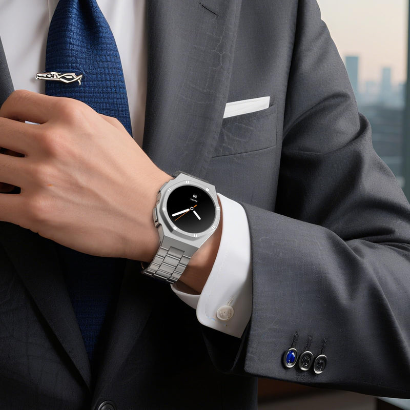 Case with Band for Samsung Galaxy Watch 9 8 44mm, Luxury Metal Face Cover with Tactical Stainless Steel Strap Military Protection for Men, Silver