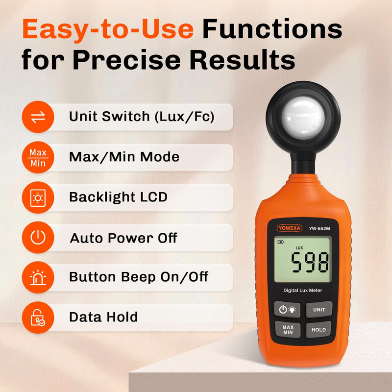 [AUSTRALIA] - Digital Light Meter, 0-200,000 Lux (0-20,000 Foot Candles), Backlight, Max/Min, Data Hold, Lux/Fc Unit Switch, for Plants, Office, Indoor Lighting, and More 