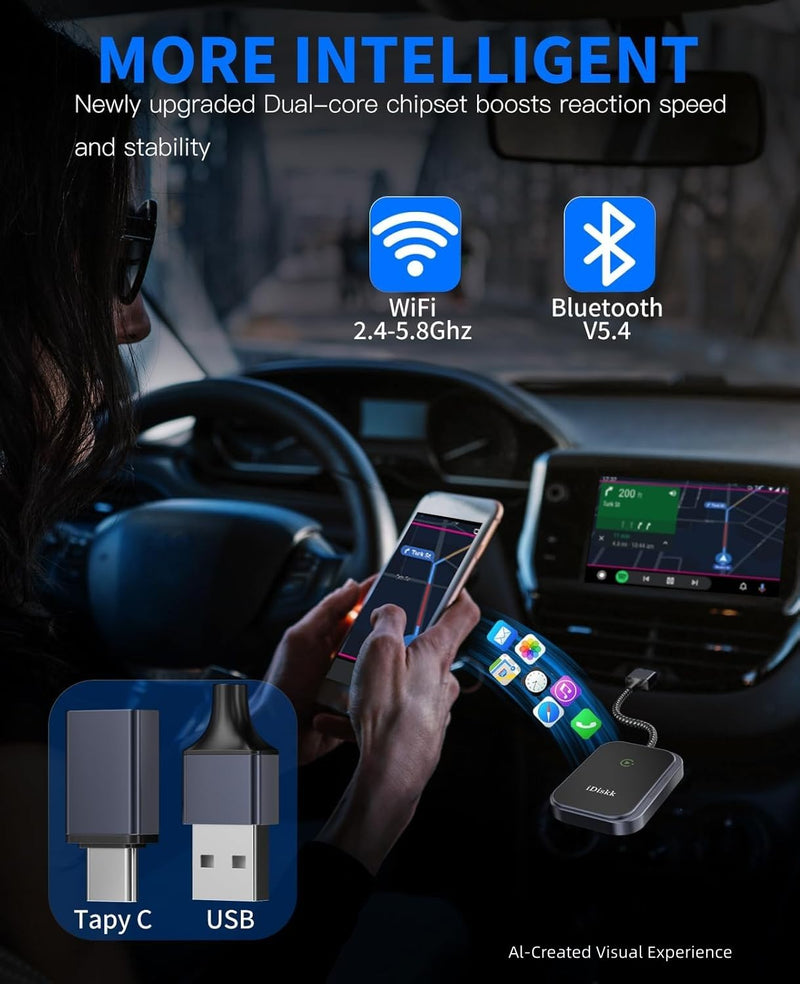 iDiskk Wireless CarPlay Adapter for iPhone No Latency with USB C Adapter | Plug-and-Play Easy Installation,Wide Compatibility for iPhone iOS 10+, Support Voice Control & Navigation